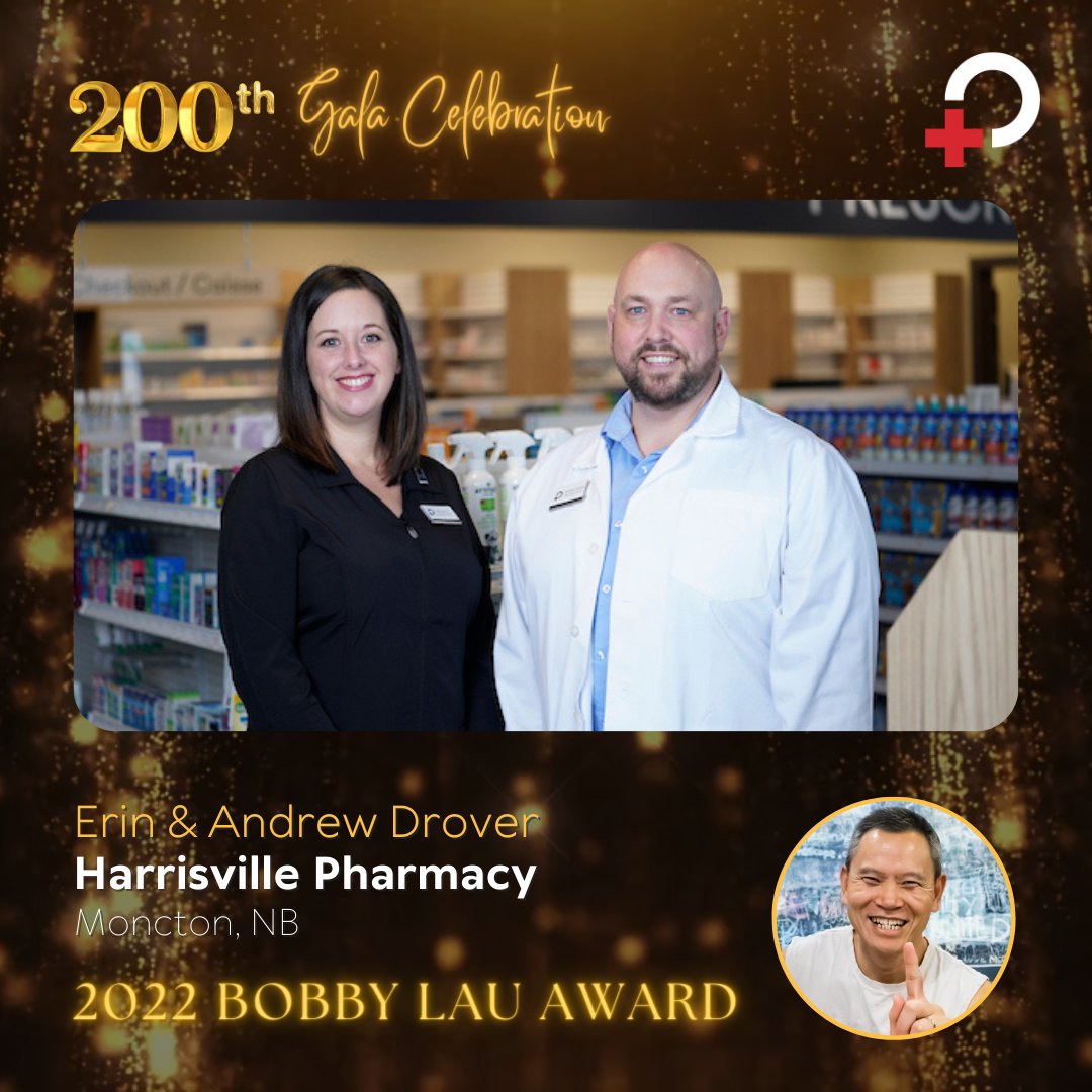 Our most recent Bobby Lau Pharmacy of the Year for 2022 was awarded to Harrisville Pharmacy in Moncton, NB! Thank you to Erin and Andrew Drover for your incredible commitment to independent pharmacy and your patients! #Wholehealth200