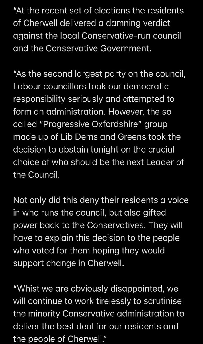 SELabour's tweet photo. A statement on tonight’s events in Cherwell where the Liberal Democrats and Greens abstained on a crucial vote on the council leadership. Their decision handed power back to the Conservatives. https://t.co/vAGGiLXXPn
