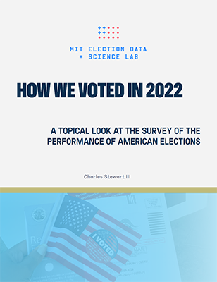 MITelectionlab's tweet photo. How did Americans vote in 2022? Oh, we're so glad you asked! Today, we are THRILLED to launch the newest data + findings from the Survey of the Performance of American Elections. Read up or access the data here: https://t.co/Eye76m2lt4 https://t.co/ytqAJFNVso