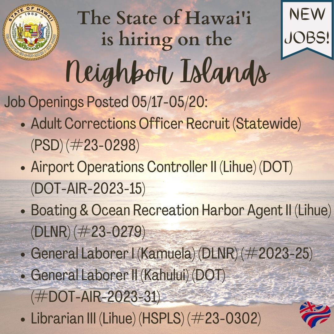 The State of Hawai'i is #hiring on the #neighborislands. Please visit governmentjobs.com/careers/hawaii for more information. @DOTHawaii @HawaiiPSD @dlnr @HSPLSHIgov 
#hawaiiishiring #stateofhawaii #statejobs #jobopenings #recruitment #civilservice #publicservice