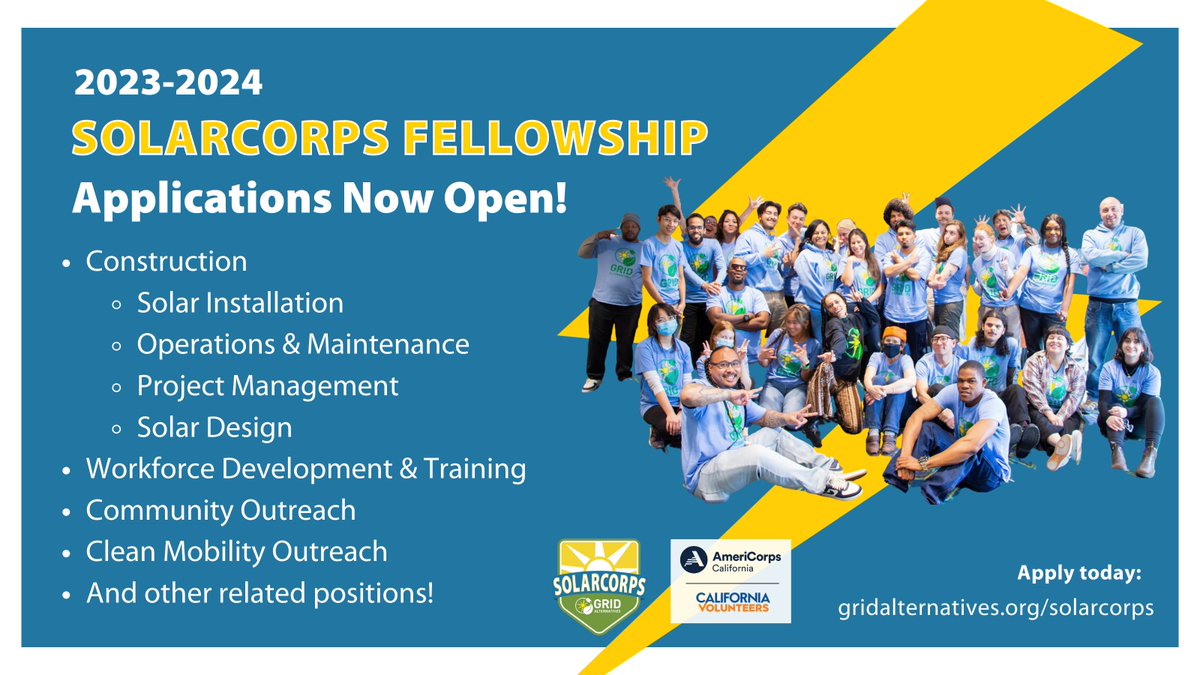 SolarCorps Applications are now open! Join us in training the next cohort of clean energy experts and answering the call to an equitable transition toward a sustainable future that includes everyone! To learn more and apply, click here: gridalternatives.org/solarcorps