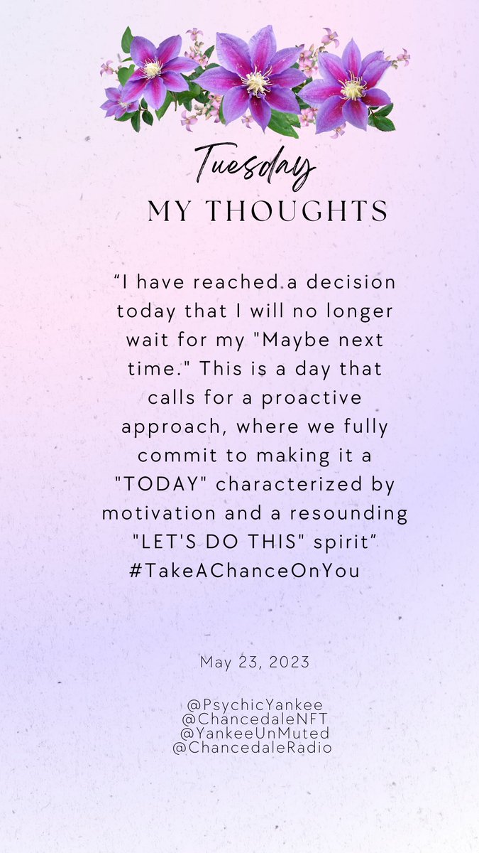 PsychicYankee's tweet photo. Let’s Do this TODAY! #TakeAChanceOnYouToday #TakingChances #ChancedaleNFTCommunity #LetsMakeTodayBeTheDayYouTookAChanceOnYOU
@ChancedaleNFT @PsychicYankee @CheriH72 @YankeeUnMuted @ChancedaleRadio https://t.co/WMRpGJ21Uv