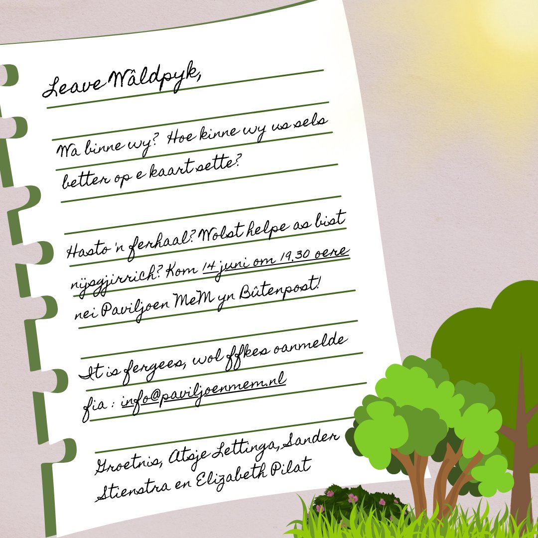 Tegearre de Wâlden op 'e kaart sette! Dochst mei?
#14juni #fergees #butenpost

paviljoenmem.nl/uncategorized/…