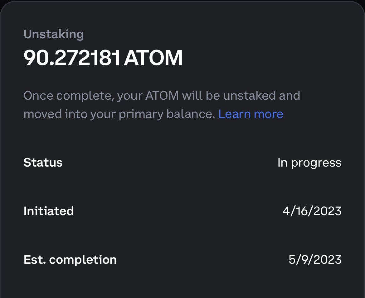 udammstrat's tweet photo. Still waiting on my $atom to unstake from @coinbase @CoinbaseSupport 🤦🏿‍♂️🫠
#CosmosEcosystem #cosmos #ATOM #unstakingissues https://t.co/IEz5yanX2S