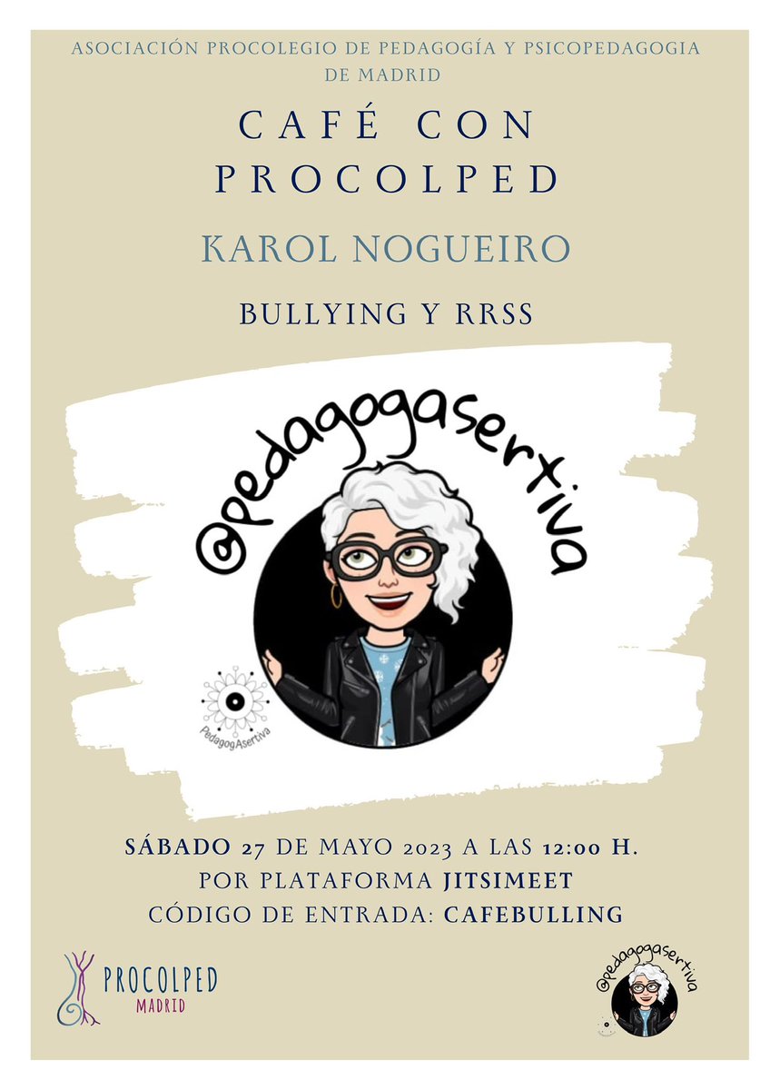 Hoy queremos compartir con vosotros nuestra próxima charla de “Café con Procolped”

A las 12:00 tendremos nuestro encuentro “Bullying y RRSS” con Karol Nogueiro ¡Te esperamos! 
#procolped #pedagogía #psicopedagogía #caféconprocolped