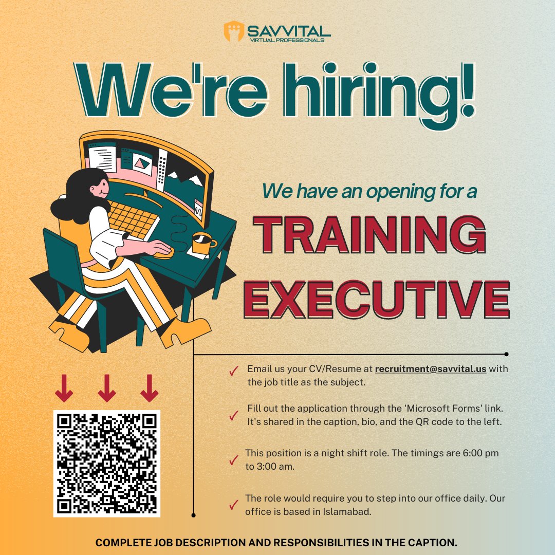Savvital_us's tweet photo. Job Alert: Send your CV at recruitment@savvital.us AND click the link or scan the QR code to fill out the form.

https://t.co/7ba18G6ClM

Join our dynamic Training Department at Savvital and become a training superstar! 🌟

#TrainingDepartment #Empowerment #KnowledgeIsPower https://t.co/teKrUGpAGO