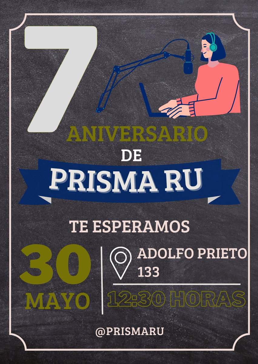 ¡Queridos radioescuchas!

🥳Les invitamos a celebrar ¡el 7⃣mo aniversario de #PrismaRU! 
Habrá sorpresas, invitados especiales y música en vivo a cargo de <a href="/LeticiaServn1/">Leticia Servín</a>   🎼 ¡No faltes!
📍Sala Julian Carrillo 
<a href="/RadioUNAM/">Radio UNAM</a> 96.1 FM 📻
 👇🏽👇🏽👇🏽