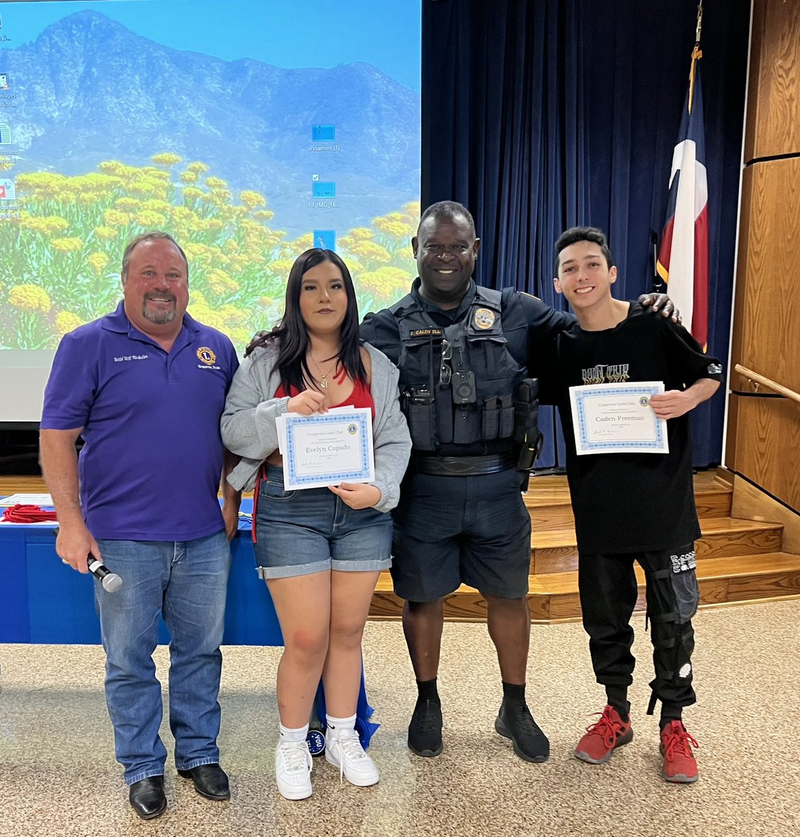 Congratulations to Caden and Evelyn who were awarded the Jim Bob Bruce Scholarship this morning by the Grapevine <a href="/lionsclubs/">Lions International</a>! Way to go!
