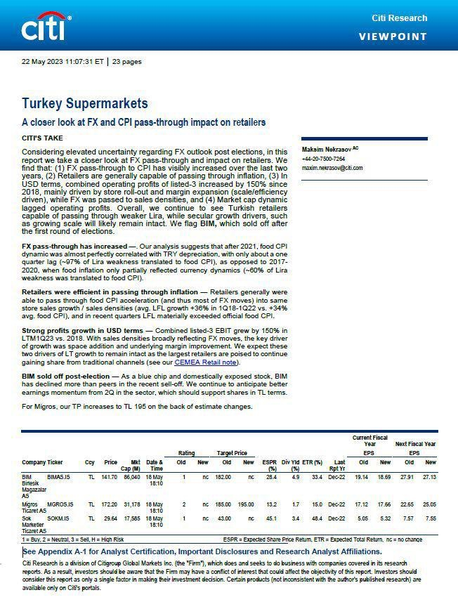 ABD merkezli Citibank’ın Türkiye’deki süpermarket şirketleri raporu:

'Ürünlerdeki fiyat artışlarını direkt tüketiciye yansıtıyorlar, enflasyondan etkilenmiyorlar.

Faaliyet kârları 2018'den bu yana dolar bazında yüzde 150 arttı.'