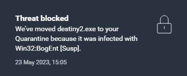 TarsisMarcusMor's tweet photo. @BungieHelp Whathever you guys did to telesto, it has now given a virus to the game's executable. Way to go. https://t.co/GjPvVdYiOv