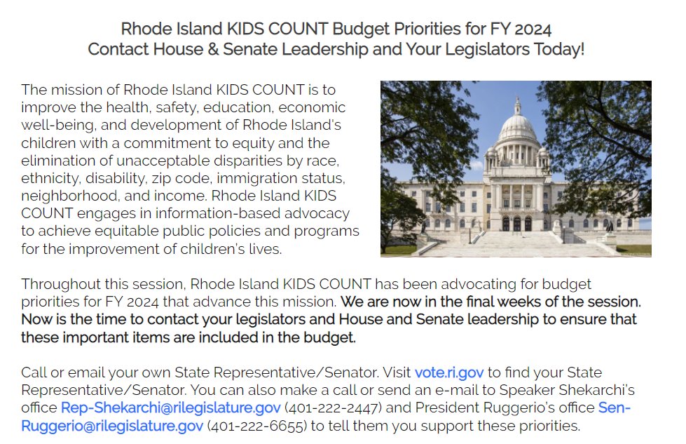 Here are our budget priorities for Rhode Island children & families: myemail.constantcontact.com/Budget-Priorit… We are in the final weeks of the session. *Now* is the time to contact your legislators and House and Senate leadership to ensure that these important items are included in the budget!