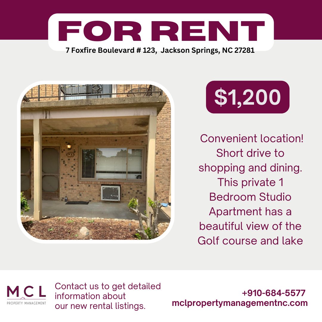 New Listing for Rent! Needing a studio? This is it! This property has a beautiful view of the Golf course and lake! All Utilities are included with the monthly lease. 910.684.5577

#forrent #studioapartment #moorecountync #jacksonspringsnc #rentalproperty #mclpropertymanagement