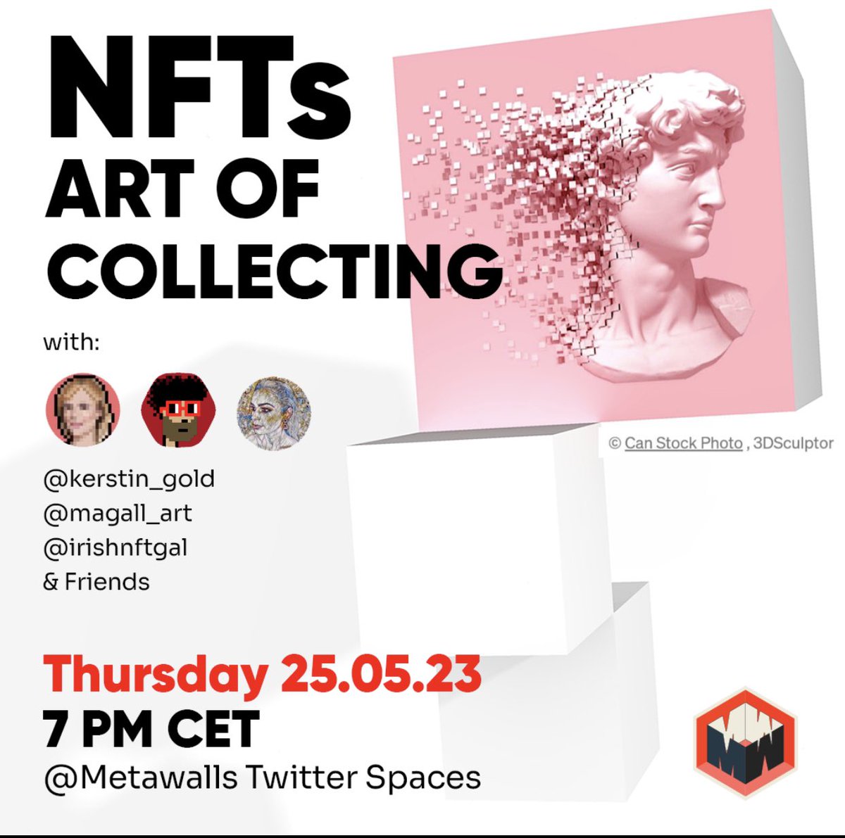 Get involved a great chat with <a href="/kerstin_gold/">Kerstin Gold</a> <a href="/magall_art/">MAGALL.ART 🟣</a> <a href="/irishnftgal/">Niamh</a>  and the <a href="/Metawalls_bln/">METAWALLS</a> team, looking forward to hearing a great conversation! 

This Thursday!

#NFTCommmunity #NFT #nftcollectors