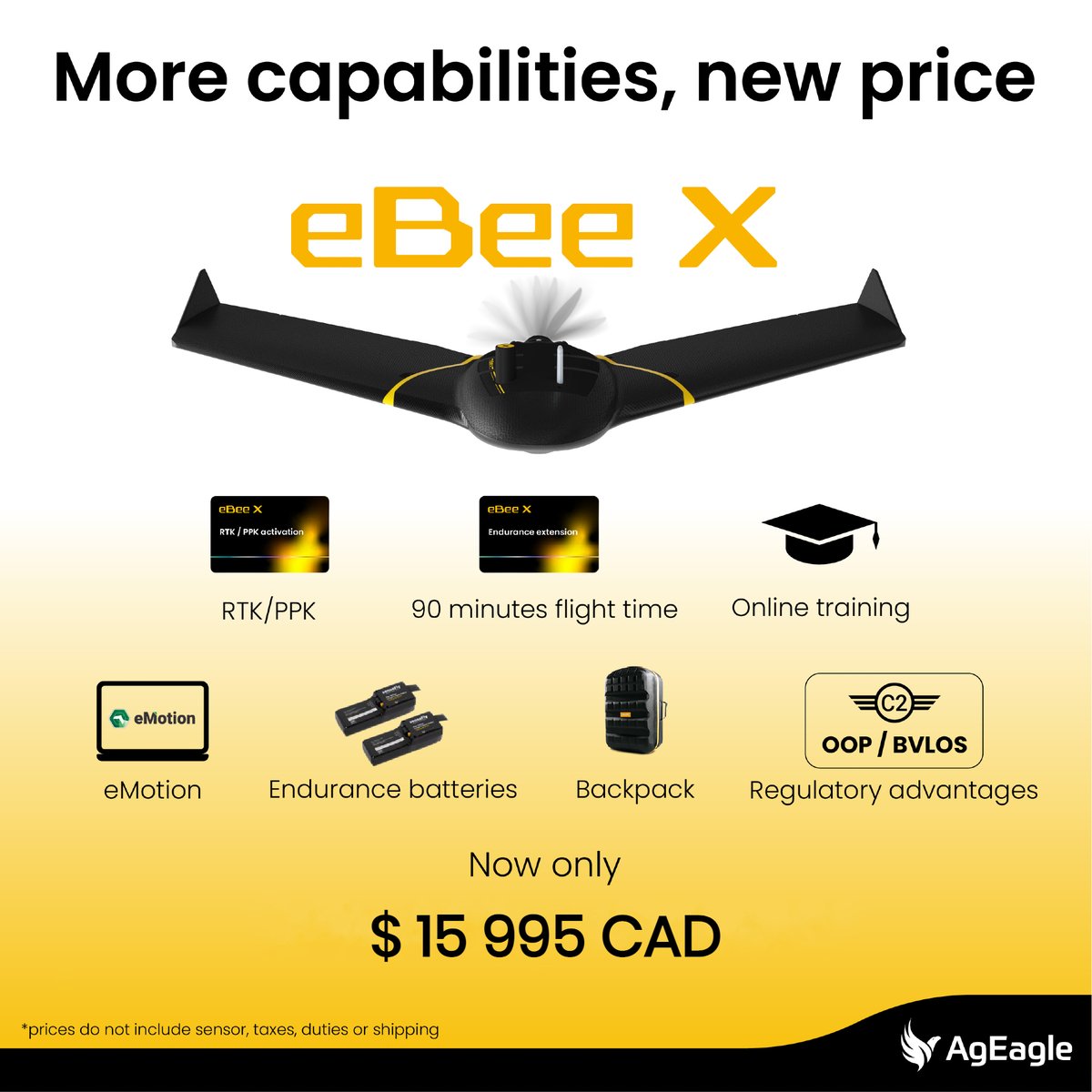 The eBee X #drone now includes endurance batteries for 90-min flights, RTK/PPK, #eMotion flight planning #software and 6 months of online training access!

Get yours here ow.ly/Ht3K50OuLg3

#cartocanada #ebee #ebeex #ageagle #drones #uav #surveying #mapping #flightplanning