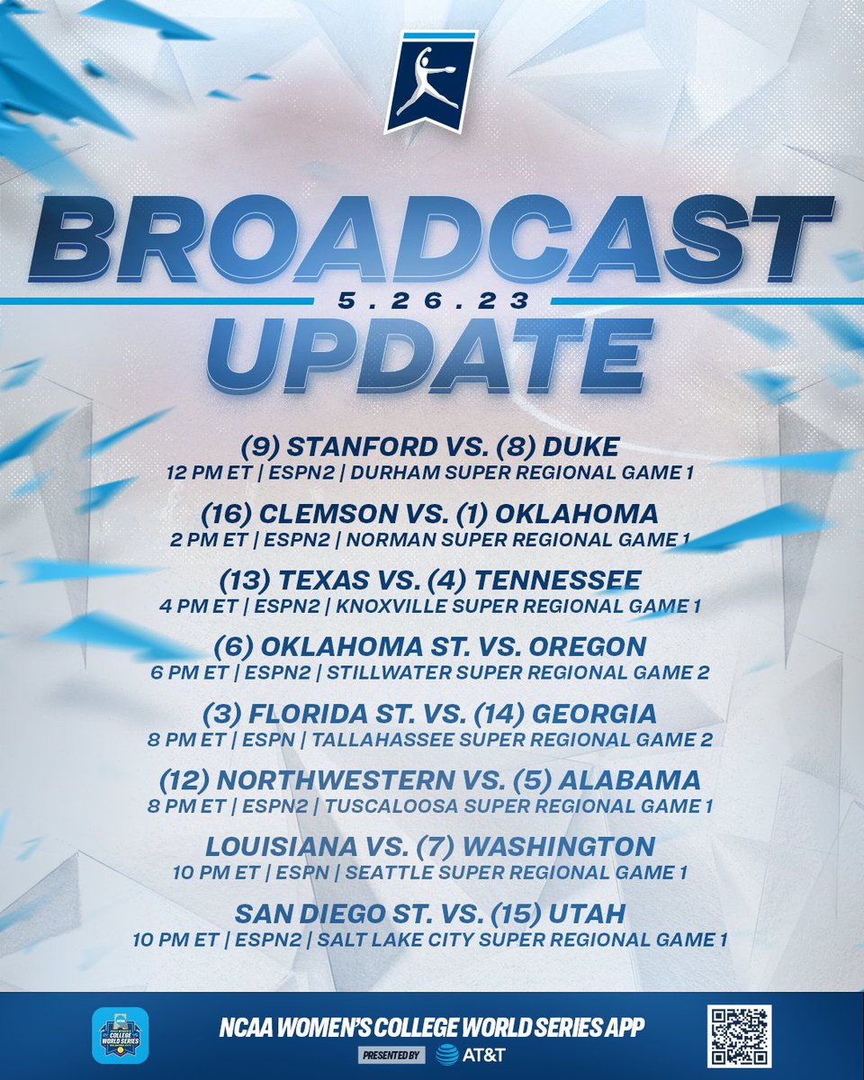 🚨 FRIDAY BROADCAST UPDATE 🚨 🥎 (3) @FSU_Softball vs. (14) @UGASoftball will be on ESPN at 8 PM ET 🥎 (12) @NUSBcats vs. (5) @AlabamaSB will be on ESPN2 at 8 PM ET 🥎 @RaginCajunsSB vs. (7) @UWSoftball will be on ESPN at 10 PM ET 🥎 @AztecSoftball vs. (15) @Utah_Softball