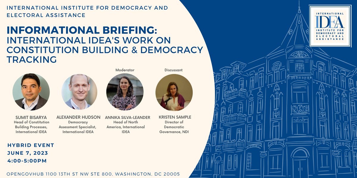 Save the date! Join @SumitBisarya @a2hudson @AnnikaSilva & @kristensample for this upcoming event and learn more about @Int_IDEA's work on #constitutionbuilding and #democracytracking.
🗓️ June 7, 2023
🕑 4:00-5:00pm (EST)
📍 @OpenGovHub / Online
RSVP: eventbrite.com/e/internationa…