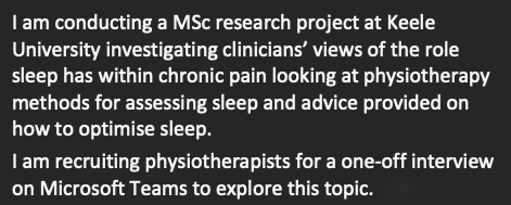 DanielStorey10's tweet image. Are you a UK based Physiotherapist working with patients in chronic pain?

Please see below for details - if you would like to be involved please email myself x2p87@students.keele.ac.uk or the project supervisor a.j.winterton@keele.ac.uk.
@csp
@physioresearch 
@SleepResearch_