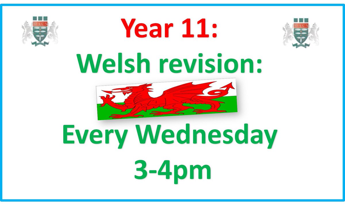 Year 11 pupils, please remember to attend Welsh revision tomorrow (Wednesday 24th May) 3-4pm. Please make an extra effort to attend 🏴󠁧󠁢󠁷󠁬󠁳󠁿@MrsEvansMACS @MrWilliamsMACS @MlleWood_MFL