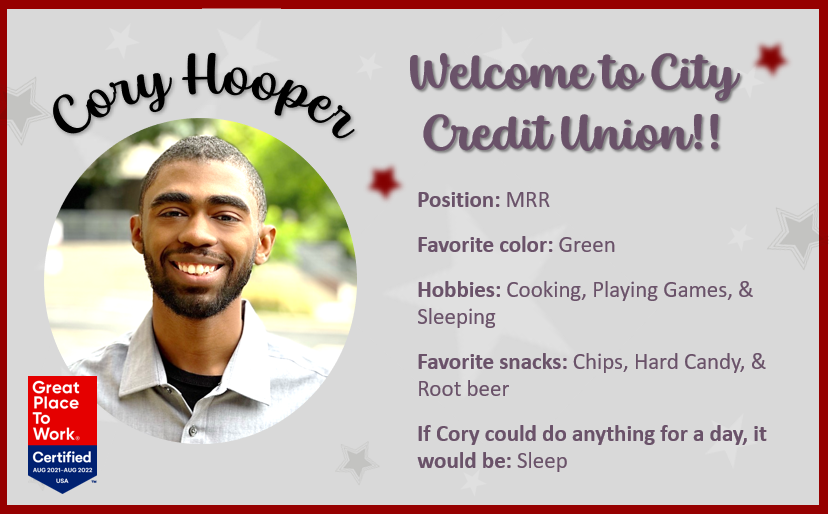 City CU welcomes Cory Hooper to the family.

Cory, we're happy you're joining the team at our Ferguson Branch!