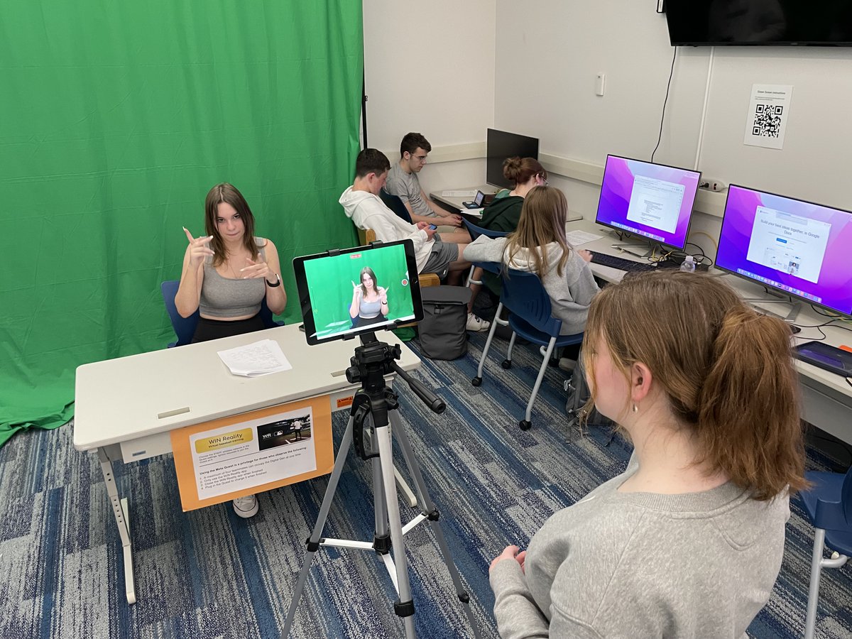 aussieandrew's tweet photo. Students in Mrs. Morgan’s ASL 2 class use the green screen and #iMovie to record newscasts in the Digital Den. Amazing chromakey effects! What a great project! #hudmediatech #ExplorerPride https://t.co/n0MgZLvlaj