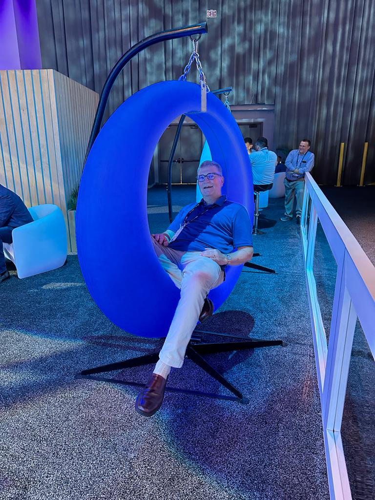 Don't walk, run because the #DellTechGPS partner lounge is only open til 2pm today - it has SWINGS!  

It's also a great place to rest your feet or eyes. [napping dogs are soo cute]
#DellTechWorld 

Swings can be a #StressReliever or really just have a little fun!