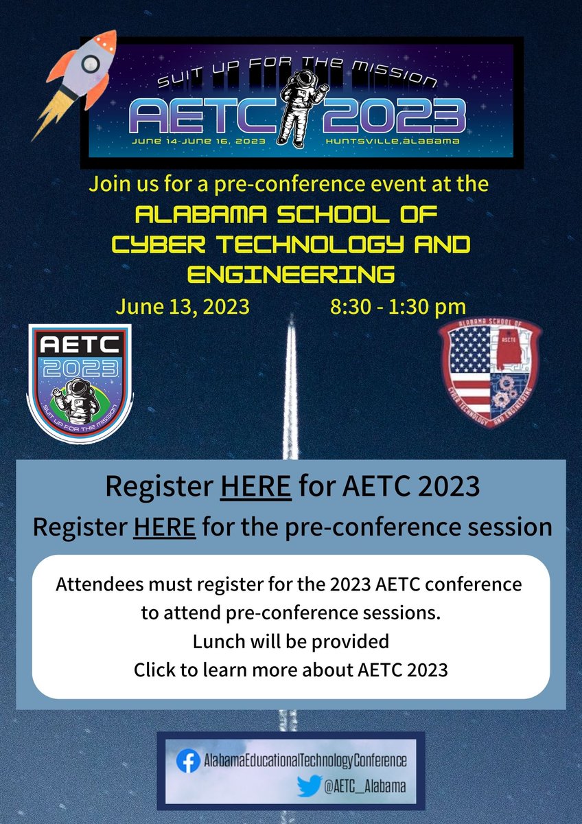 It’s not too late to register for these AETC Pre-Conference Activities at alabamaetc.com. Sign up TODAY to secure your spot. Only 3 days left to SAVE!💰
#AETC2023 #TechnologyConference #ALSDEEdTech #Alabamaachieves