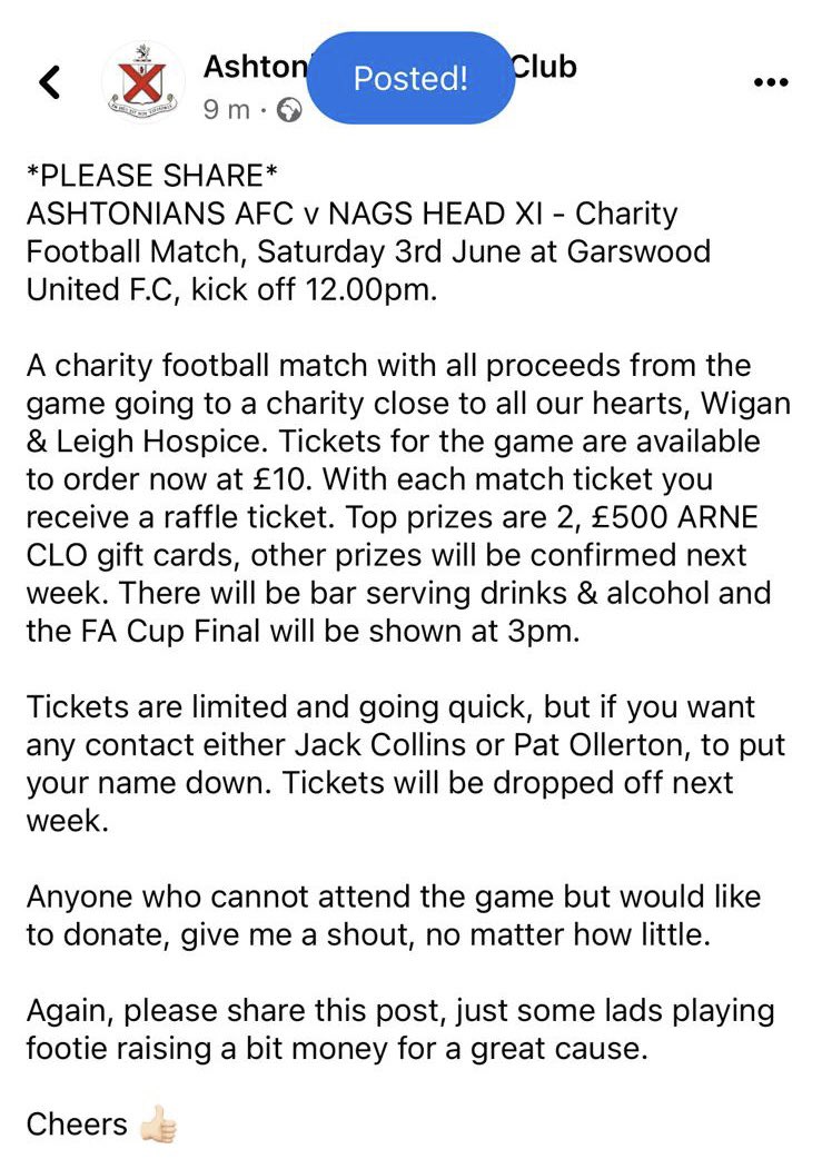 £10 well worth it to witness the greatest full back to ever grace Garswood United make his come back. All money goes to charity and you get entered into a draw to win some sick prizes, whilst getting pissed watching footy all day 👍🏾🍺