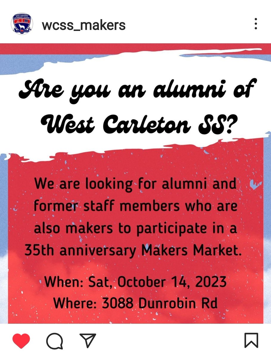If you're an alum and a maker please connect with @wcss_makers on Instagram.  They are looking for participants for a Makers Market in October, which will be part of West's 35th Anniversary celebrations! instagram.com/wcss_makers?ig…