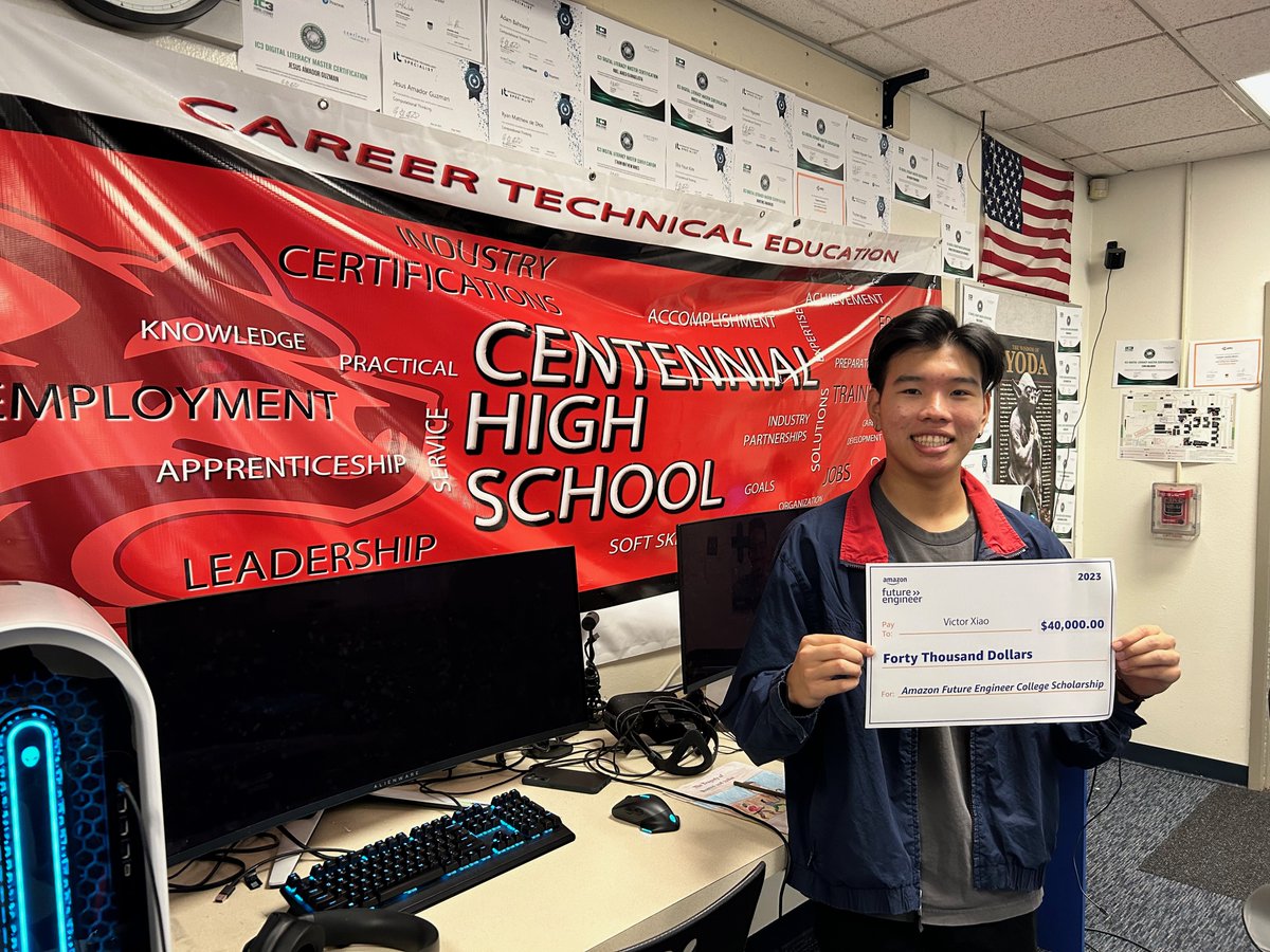 At Cen10 we are the home of Leaders, Heroes, and Champions. Add this guy to that list from our Computer Science Program: Senior Victor Xiao...recipient of the Amazon Future Engineer Scholarship! $40k plus  paid internship. BOOM!!! So Proud!  <a href="/Cen10Huskies/">Centennial HS, CNUSD</a> <a href="/CNUSD/">Corona-Norco USD</a> #cnusdfutureready