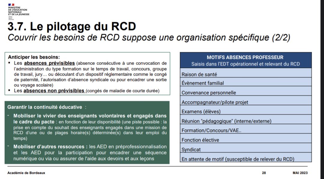 SVenetitay's tweet image. Ça se précise sur le pacte : pour la brique remplacements, des plages RCD dans l'emploi du temps du prof pacté. Le pacte = perdre la main sur sa liberté perso et pro. 
Et chaude ambiance à venir dans la battle des emplois du temps en salle des profs 🔥
Bref #NonAuPacteEnseignant