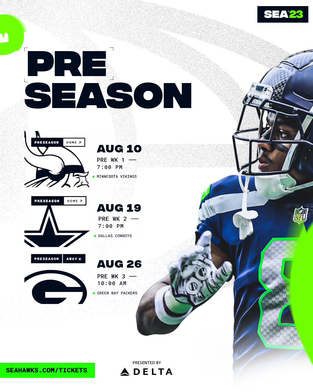 Seahawks PR on X: 'Preseason dates and times have been announced! All @Seahawks  preseason games can be heard on Seattle Sports 710AM and KIRO Newsradio  97.3 FM, and will be televised on