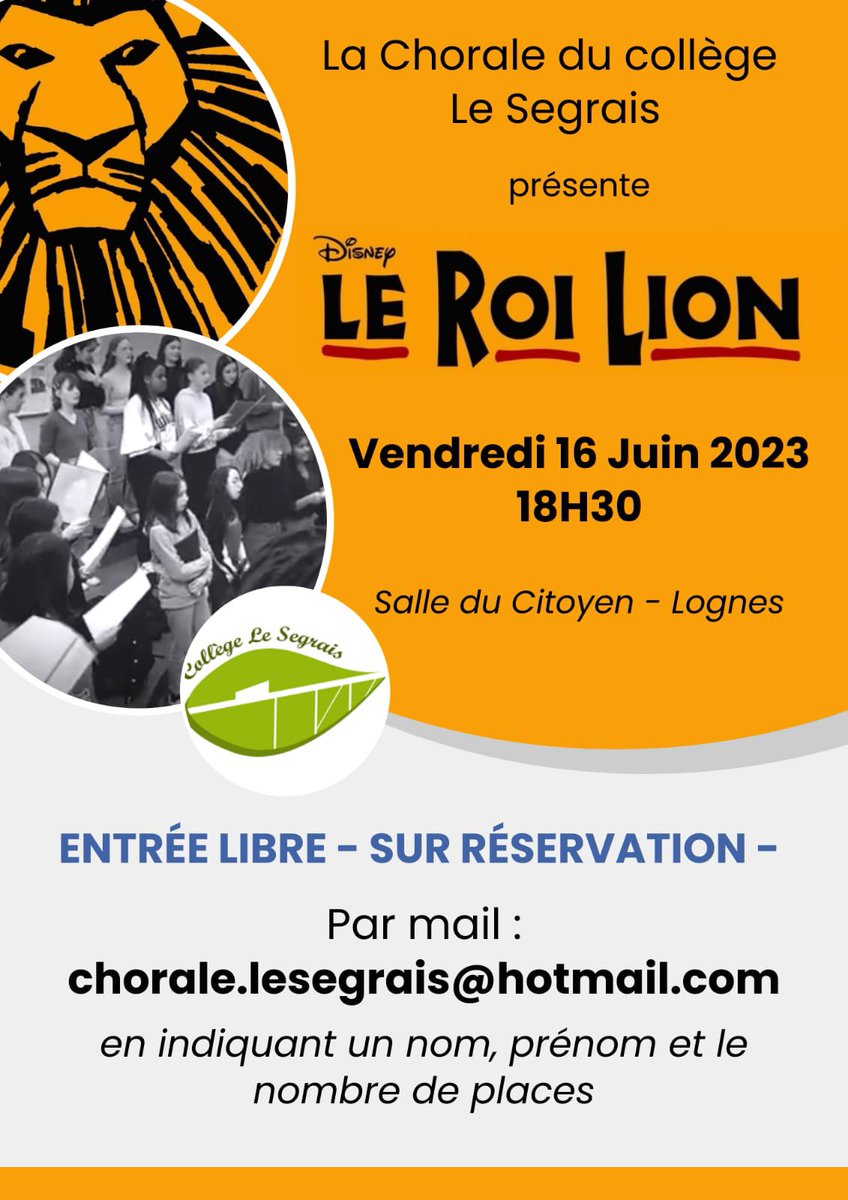 lesegrais's tweet photo. Le grand soir approche 🎤🦁 ! 
Venez nombreux voir le spectacle « Le roi Lion » de la chorale à la salle du citoyen (Lognes).
Pour réserver vos places : chorale.lesegrais@hotmail.com https://t.co/17LvBBcT25