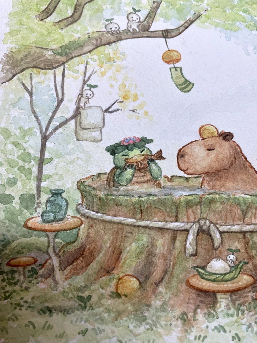 My “Kappabara Onsen” piece for the Yokai Show for Giant Robot Store! It was very soothing to work on (￣▽￣) art show opens this Saturday, be sure to check it out and support the awesome artists and shop! 🤗 💙 #gryokaishow #kappa #capybara #onsen #yuzu #watercolor #illustration