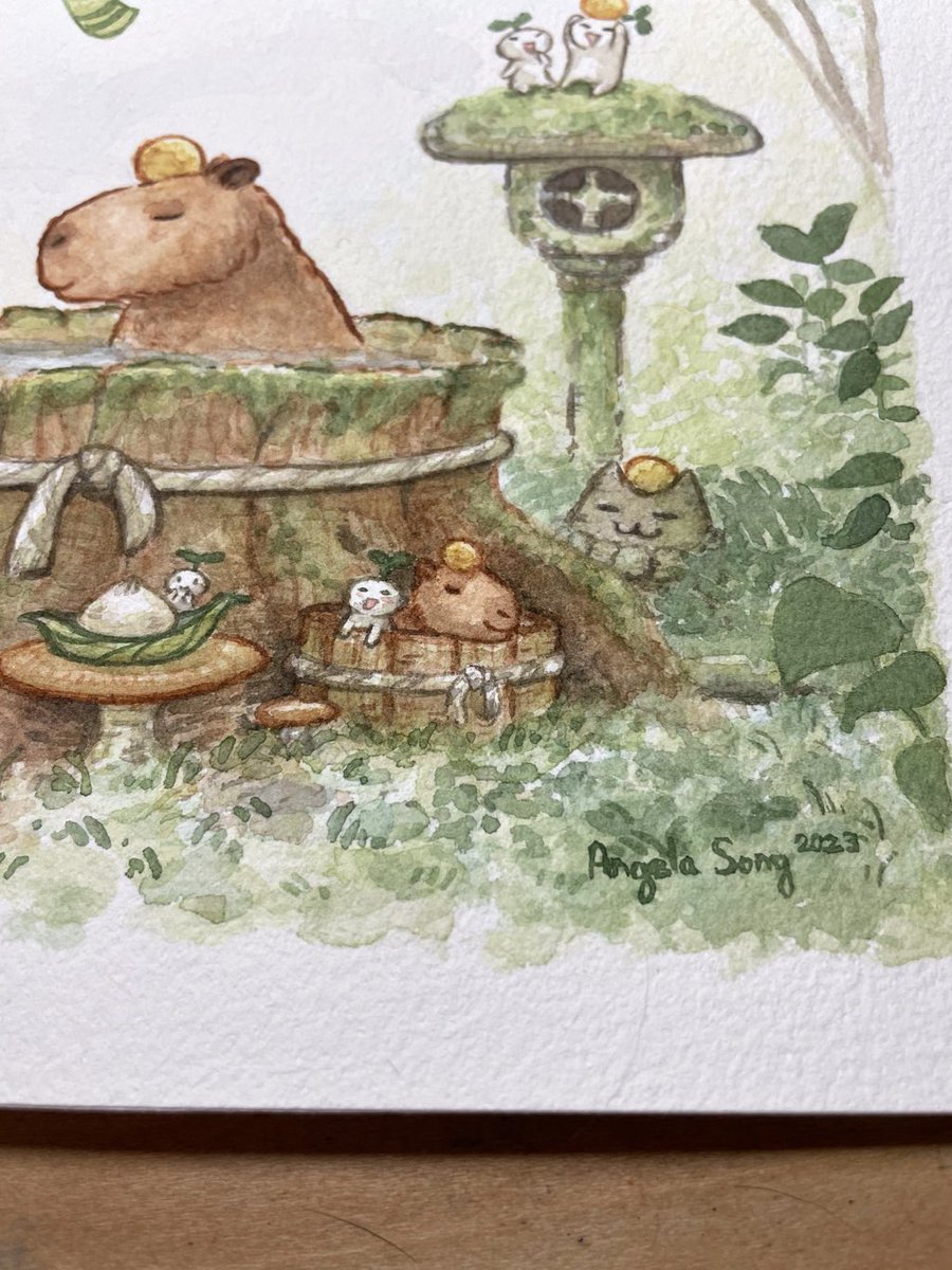 AngelaSongArt's tweet photo. My “Kappabara Onsen” piece for the Yokai Show for Giant Robot Store! It was very soothing to work on (￣▽￣) art show opens this Saturday, be sure to check it out and support the awesome artists and shop! 🤗 💙 #gryokaishow #kappa #capybara #onsen #yuzu #watercolor #illustration https://t.co/jNWHwcaz9k