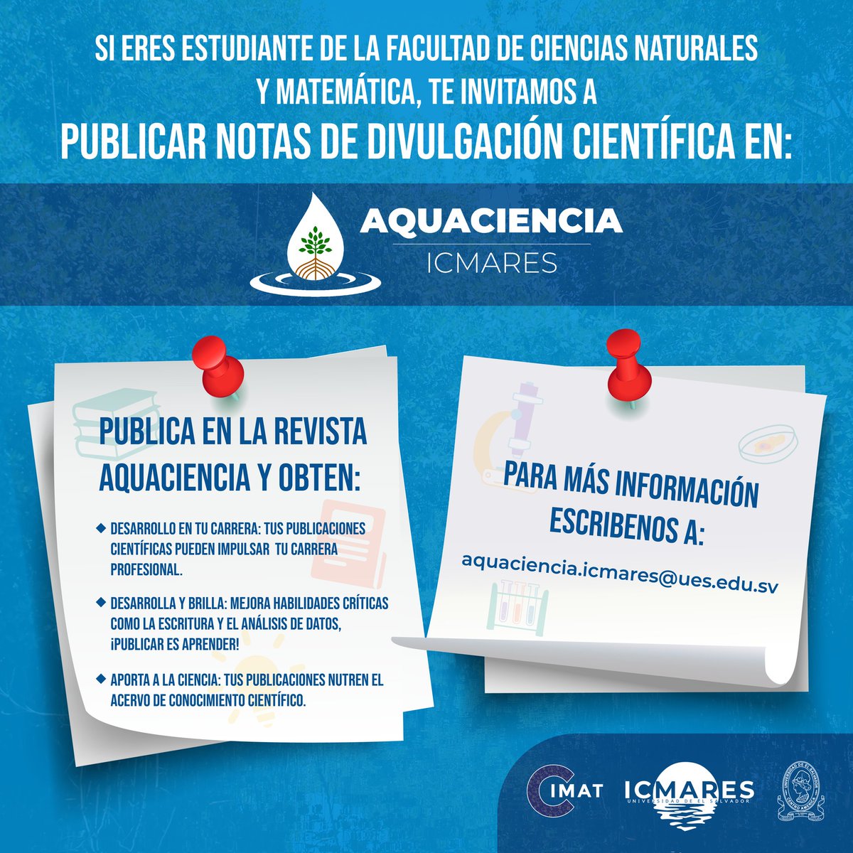 📢 ¡Atención estudiantes de la @CimatUes! <a href="/UESoficial/">Universidad de El Salvador - UES</a> 📚🔬
🌟 ¡Tenemos una emocionante oportunidad para ti! La Revista Aquaciencia, del Instituto de Ciencias del Mar y Limnología (ICMARES), te invita a publicar tus notas de divulgación científica.