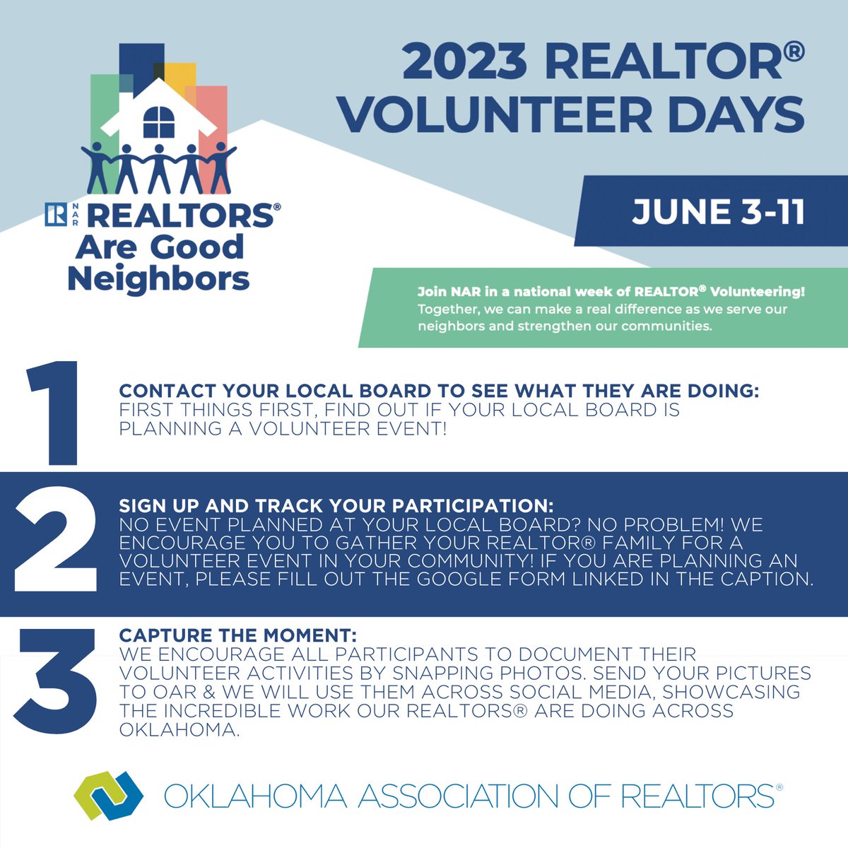 Oklahoma REALTORSĀ® (@okrealtors) on Twitter photo Get ready for <a href="/nardotrealtor/">National Association of REALTORSĀ®</a>ās Volunteer Days, a weeklong celebration showing that REALTORSĀ® are good neighbors! We invite you to participate in this exciting initiative from June 3rd to 11th.
Hereās what you need to do:
1ļøā£ Contact your local board to see what theyāre doing for Get ready for <a href="/nardotrealtor/">National Association of REALTORSĀ®</a>ās Volunteer Days, a weeklong celebration showing that REALTORSĀ® are good neighbors! We invite you to participate in this exciting initiative from June 3rd to 11th.
Hereās what you need to do:
1ļøā£ Contact your local board to see what theyāre doing for