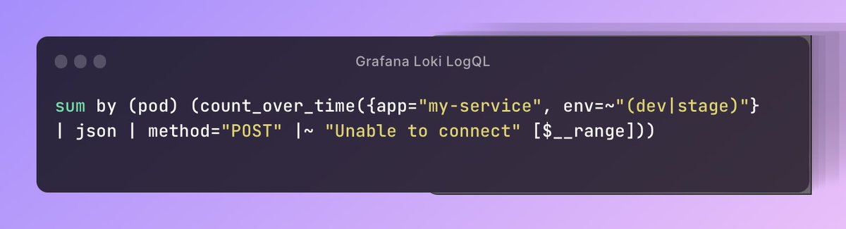 ruanbekker's tweet image. Day 9 of #100DaysOfCodeSnippets | I am a big fan of @grafana #Loki and this snippet shows the number of log events over time summed by pod, where we select our app and env using a label selector and a filter expression to only show logs containing “Unable to connect” and a json…