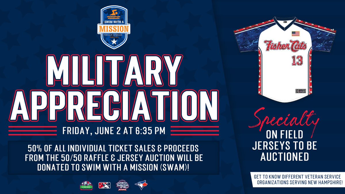 We are proud to team up with The <a href="/FisherCats/">New Hampshire Fisher Cats</a> for #MilitaryAppreciation Night on Friday, June 2, to recognize all active-duty military and veterans. Bring the whole family to the ballpark, it will be a fun night for a great cause! Get tickets now at bit.ly/MilitaryApprec… 🇺🇸