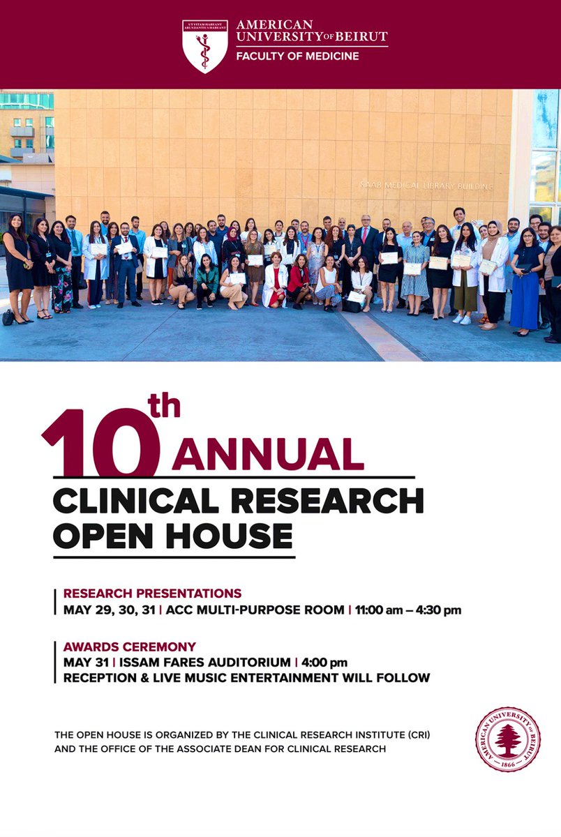 CRI_AUBMC (@cri_aubmc) on Twitter photo Mark your Calendars for the 10th Annual Clinical Research Open House starting on May 29❗️#AUB_CROH23 <a href="/AUB_Lebanon/">American University of Beirut</a> <a href="/AUBMC_Official/">American University of Beirut Medical Center</a> <a href="/Elie__Akl/">Elie Akl</a> <a href="/Marlene__ch/">Marlene Chakhtoura</a> <a href="/martinebejjani/">Martine Bejjani</a> <a href="/PamelaAK/">Pamela Abi Khalil</a> <a href="/HakimLara/">Lara Hakim</a> <a href="/DrZouein/">DrZouein</a> Mark your Calendars for the 10th Annual Clinical Research Open House starting on May 29❗️#AUB_CROH23 <a href="/AUB_Lebanon/">American University of Beirut</a> <a href="/AUBMC_Official/">American University of Beirut Medical Center</a> <a href="/Elie__Akl/">Elie Akl</a> <a href="/Marlene__ch/">Marlene Chakhtoura</a> <a href="/martinebejjani/">Martine Bejjani</a> <a href="/PamelaAK/">Pamela Abi Khalil</a> <a href="/HakimLara/">Lara Hakim</a> <a href="/DrZouein/">DrZouein</a>
