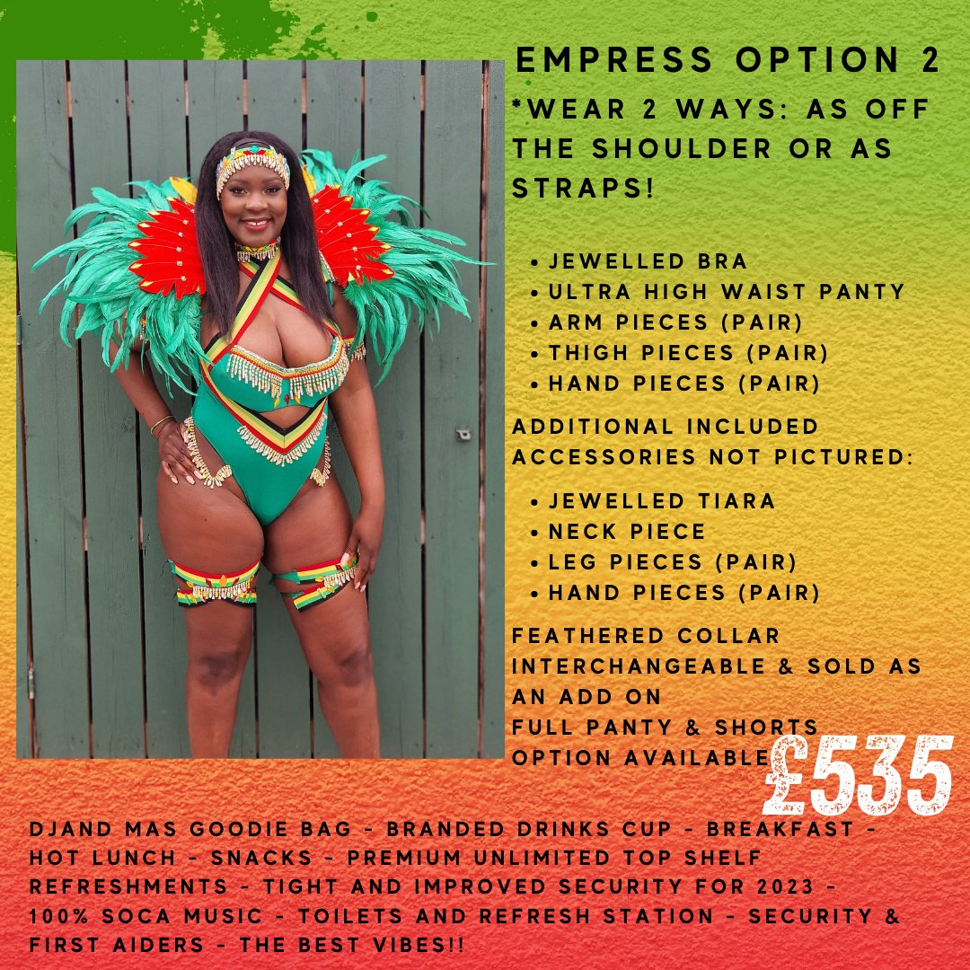 Empress &amp; Empress Option 2
Both available on DjanD.co.uk 
❤️💛💚
Only 8 days left to purchase a costume from our section #ITAL for #NHC23 
On the road with <a href="/CaribSessions/">Caribbean Sessions</a>