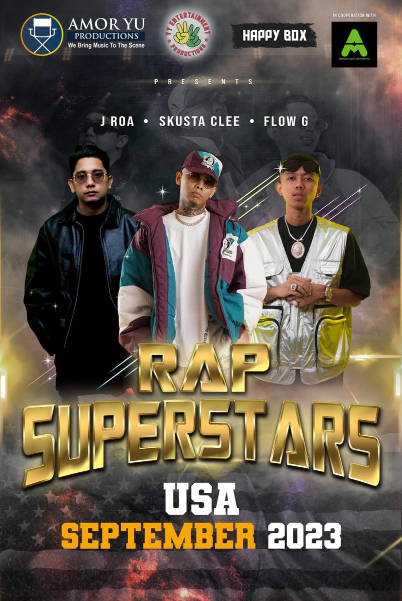 HAPPYBOX_Azusa's tweet photo. Coming to Amerika this September!
"RAP SUPERSTARS" US Tour 2023 featuring:
SKUSTA CLEE, FLOW-G &amp; JROA

This is gonna be dope!
Cities &amp; dates TBA soon!

An Amor Yu Productions, YY Entertainment Production &amp; Happy Box tour in association with Asintada Mgmt. &amp; Prod. Inc. https://t.co/k6V3Le0Sjk