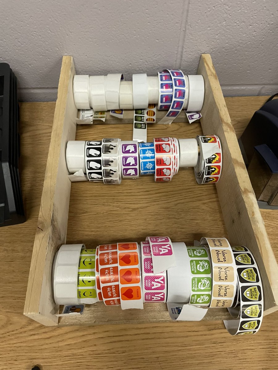 A gift from our woodshop teacher! An easy way to organize my genre labels! <a href="/HumbleISD/">Humble ISD</a> <a href="/HumbleISD_HMS/">Humble Middle School</a> <a href="/HumbleISD_lib/">Humble ISD Libraries</a> #organization #genrefication