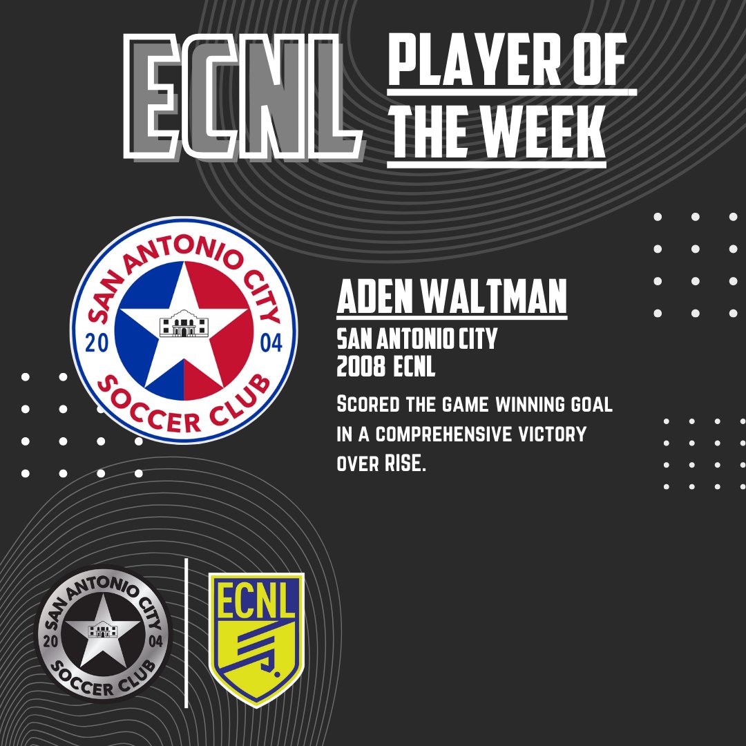 SA City ECNL Team of the Week vs RISE!!
SA City ECNL Aden Waltman Player of the Week ⚽️💪

#TeamOfTheWeek
#BuildingTheCITY #SACityProud
🔵🔴