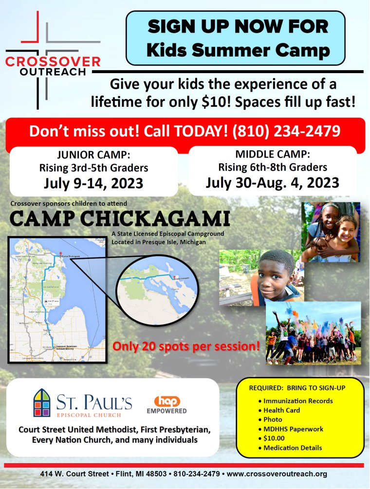 GeneseeHealth's tweet photo. Crossover Outreach is ready to give your kids a summer they will never forget! The deadline for sign-up is May 31st; a few spots are left!
For more information or to sign-up, call (810) 234-2479
#SummerCamp #FlintKids #Crossover #GeneseeHealthPlan #GeneseeCounty #Flint https://t.co/jsxeFXmlXV