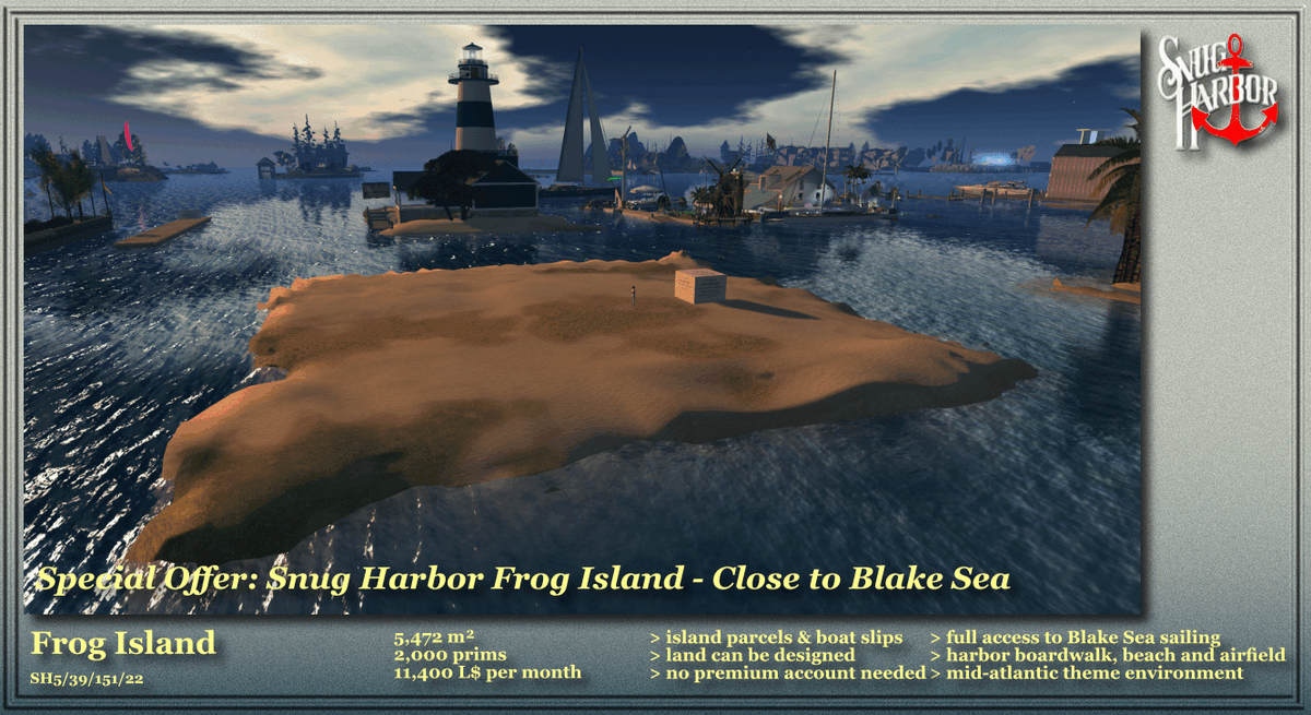 DariahRaynier's tweet photo. Frog Island: A #SnugHarbor island parcel, close to Blake Sea, #SecondLife.

We have a special limited offer for all who are looking for a parcel near the main seas of Blake Sea.

Set sails for your new home and visit this island parcel here:
https://t.co/H70o05uT7E https://t.co/MujdpsBYGD