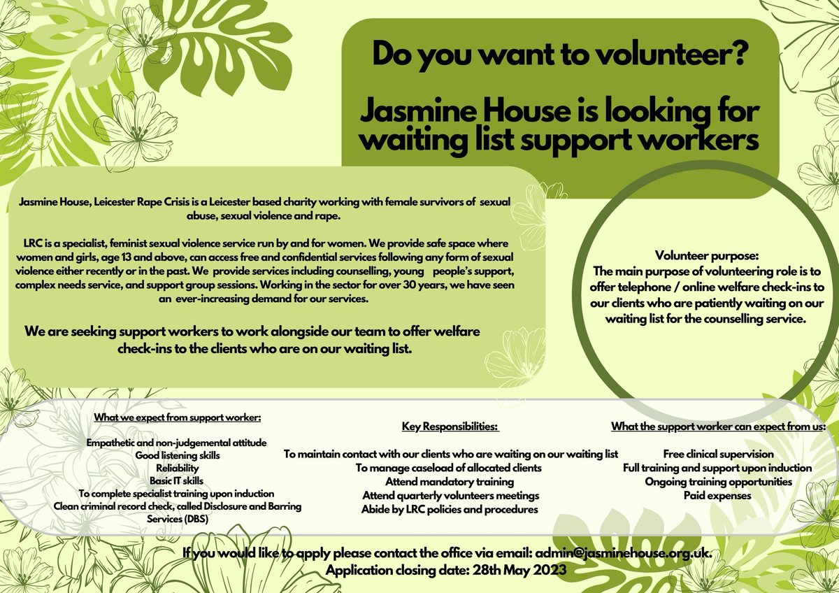 We are hiring for...
💚 Qualified Counsellors
💚 Waiting List Support Workers
💚 Emotional Support Workers

Don't forget to get an application to us by this Sunday 28th May to join our team! If you would like any further information, please just get in touch with us.