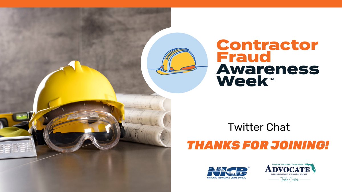 insurancecrime's tweet photo. Thanks so much for joining our #NoContractorScams Twitter chat with @YourFLVoice! Stay safe! https://t.co/72IipxXiKW