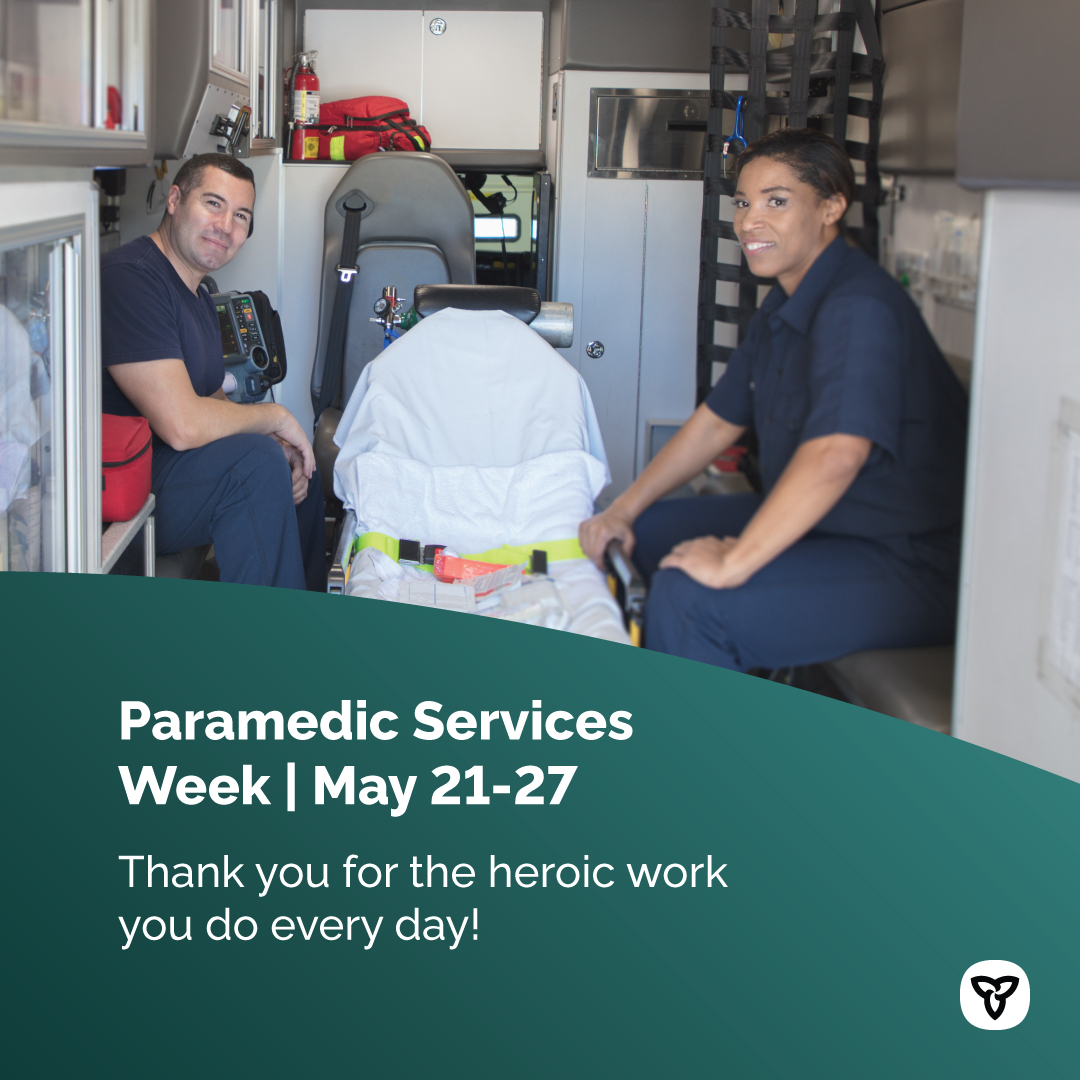 ONThealth's tweet image. May 21-27 is #ParamedicServicesWeek!

#Paramedics play a critical role on the frontlines of our #HealthCare system, going above and beyond to keep our communities healthy and safe.

Thank you, Ontario paramedics, for the heroic work you do and being there when we need you most.