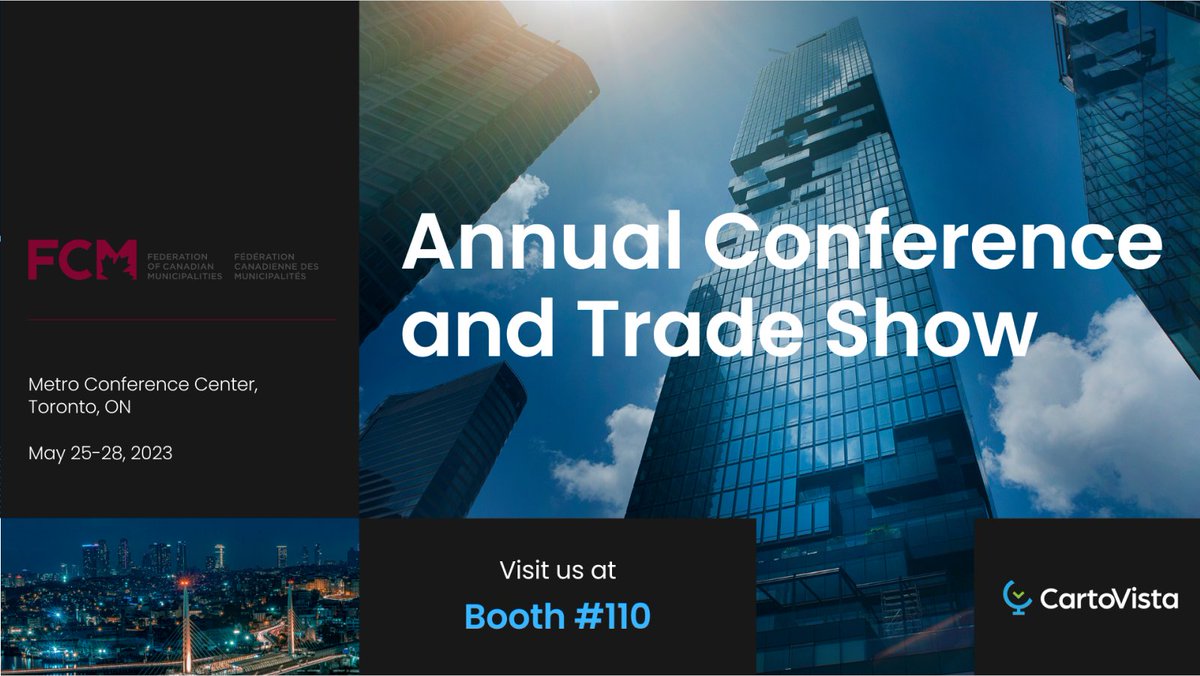 We're excited to launch CartoVista Cloud at the FCM Annual Conference and Trade show! Join us at booth 110 for live demos on how to create interactive council presentations. hubs.la/Q01QWRpt0 
Don't miss out! #InteractivePresentations #StoryMaps #CityCouncil #FCM2023AC
