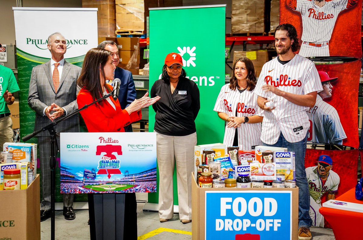 Phillies's tweet photo. Today, we joined @CitizensBank and @Philabundance to announce plans for the 2023 Phans Feeding Families campaign to support hunger relief efforts in the Philadelphia region.

🔗 Learn More: https://t.co/LO5ZiwbC5T https://t.co/9viDfhwzrr
